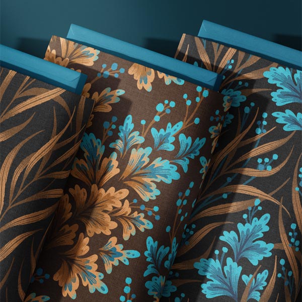 Brown and teal leaf print fabric coordinated quilting collection by Andrea Muller