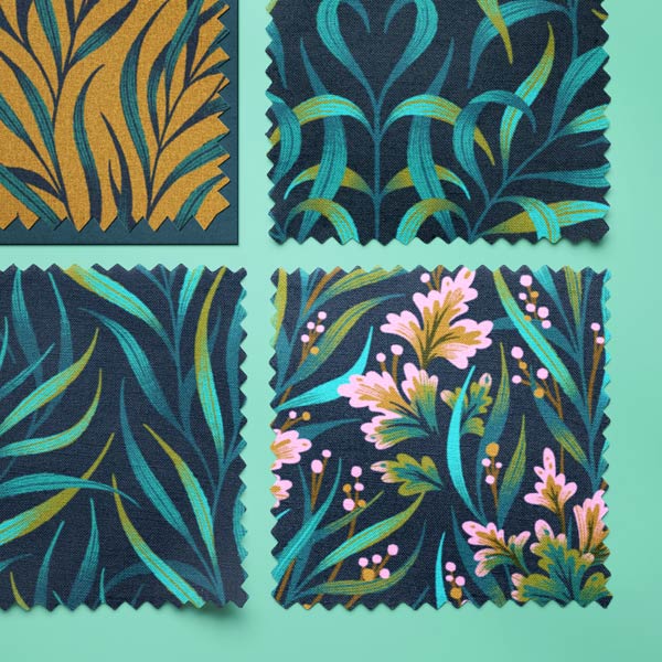 Green and teal leaf print fabric coordinated quilting collection by Andrea Muller