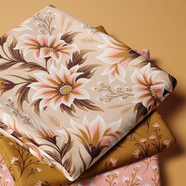 Light cream Gazania floral print fabric collection by Andrea Muller