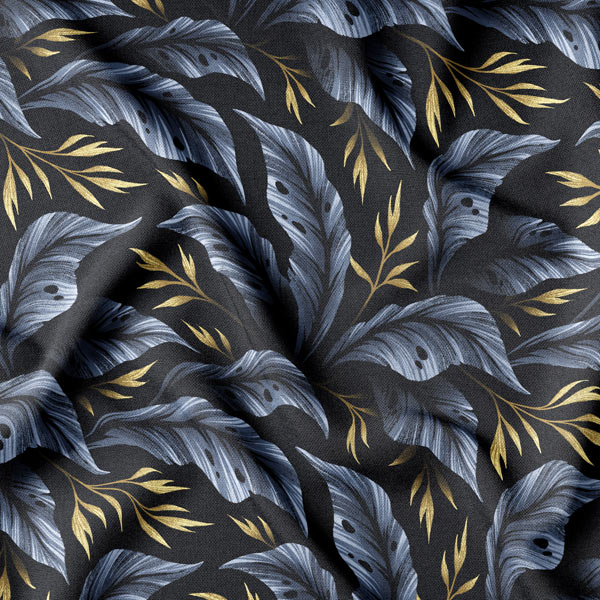 Grey and gold tropical leaf print fabric by Andrea Muller