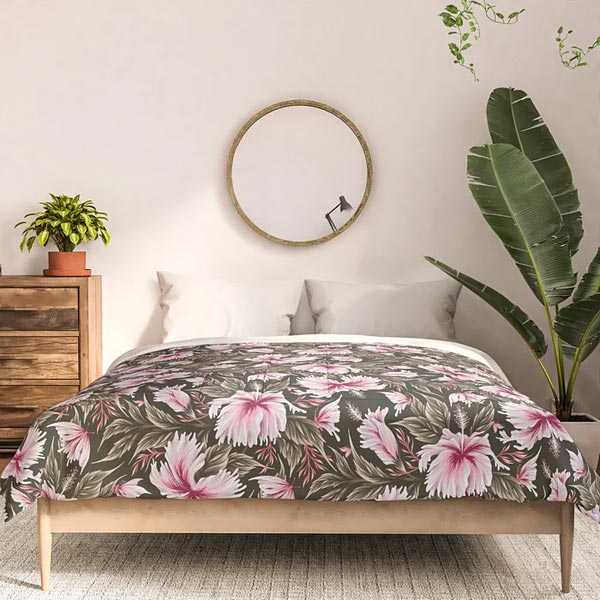 Hibiscus khaki pink duvet comforter by Andrea Muller