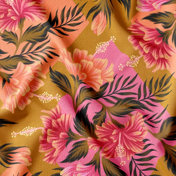 Hibiscus tropical patchwork fabric in orange, pink and olive by Andrea Muller