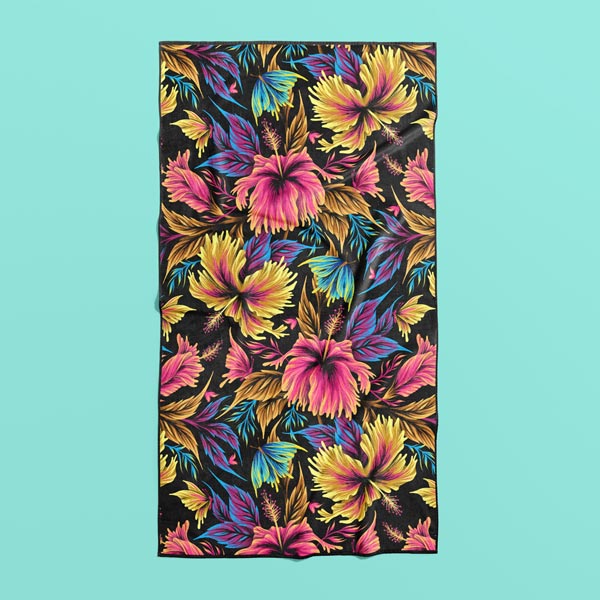 Bright tropical hibiscus flower and butterflies beach towel by Andrea Muller