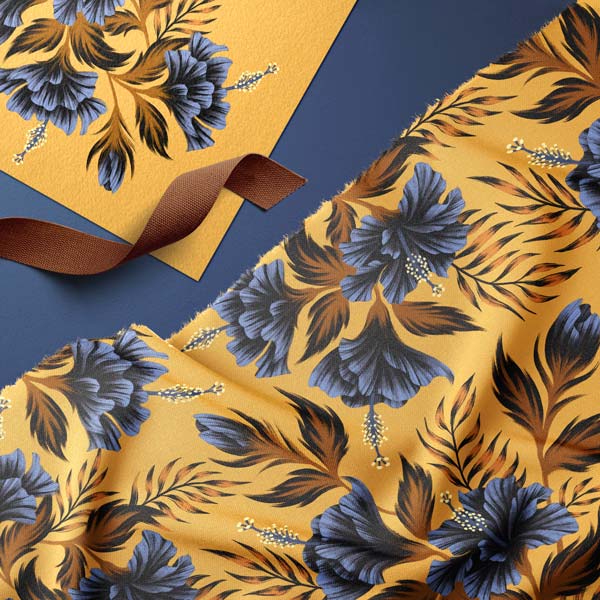 Hibiscus floral mustard yellow navy fabric by Andrea Muller