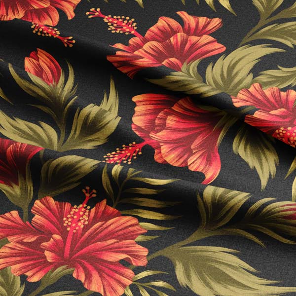 Red and black tropical hawaiian hibiscus floral print fabric by Andrea Muller