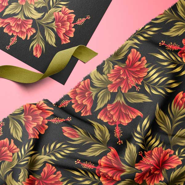 Hibiscus floral red green fabric by Andrea Muller