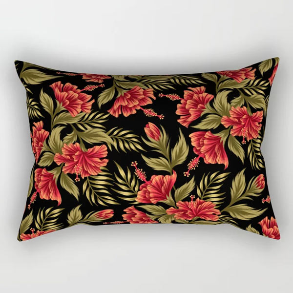 Tropical red Hibiscus floral bouquet illustration rectangular pillow by Andrea Muller