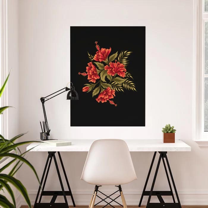Red and black tropical hibiscus illustration poster print by Andrea Muller