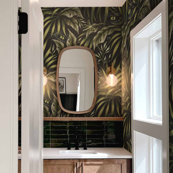 Jurassic jungle tropical palm leaf bathroom wallpaper by Andrea Muller