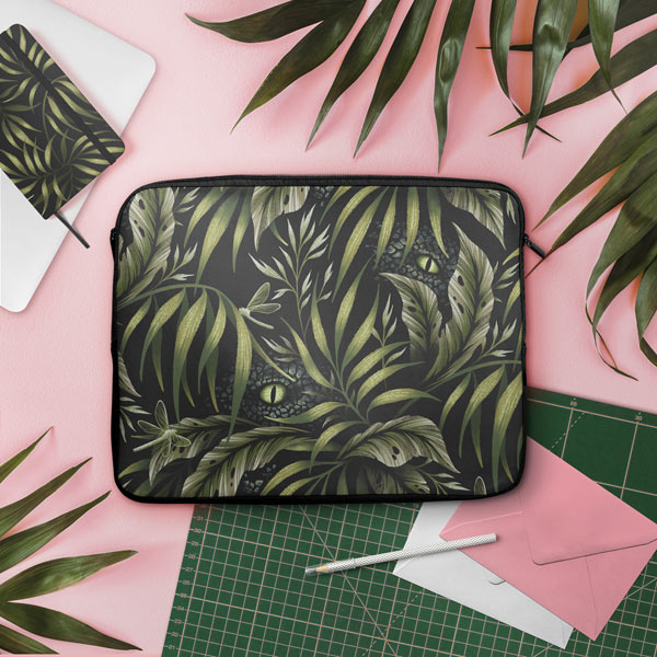 Tropical foliage dinosaur pattern laptop sleeve by Andrea Muller