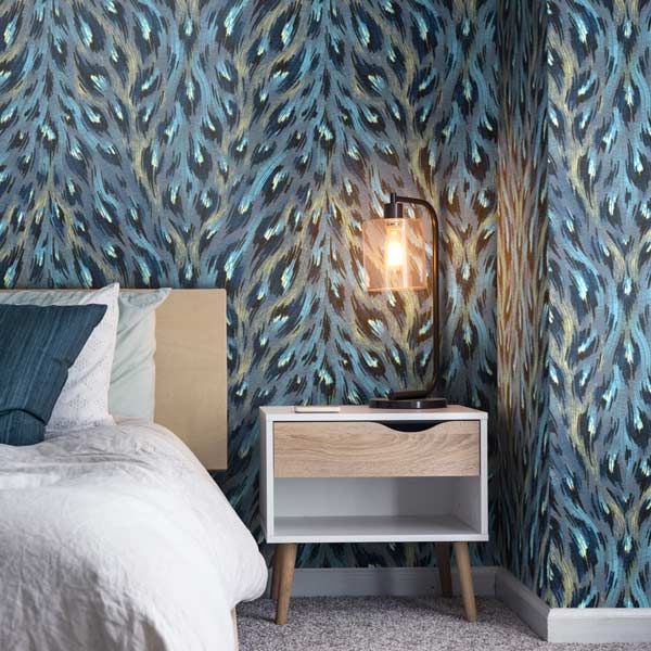 Dark blue and gold textured leopard print wallpaper bedroom by Andrea Muller