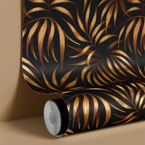 Golden orange dark palm leaf tropical wallpaper by Andrea Muller