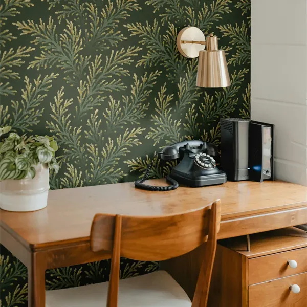 Shop olive green pine branches foliage cabin office wallpaper by Andrea Muller