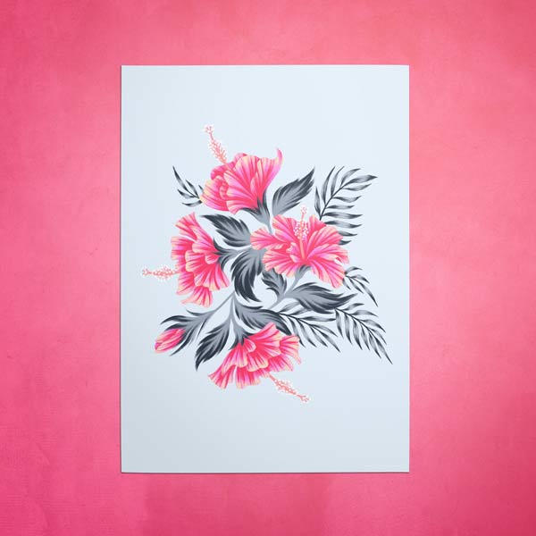 Tropical pink Hibiscus floral bouquet illustration art print by Andrea Muller