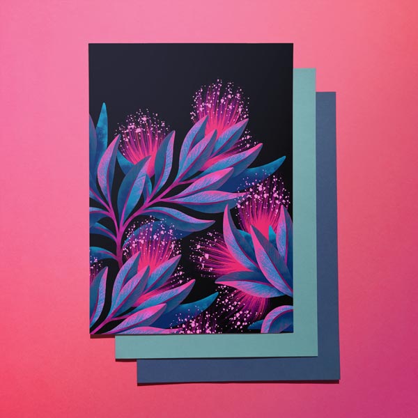 Pohutukawa pink blue floral artwork print by Andrea Muller