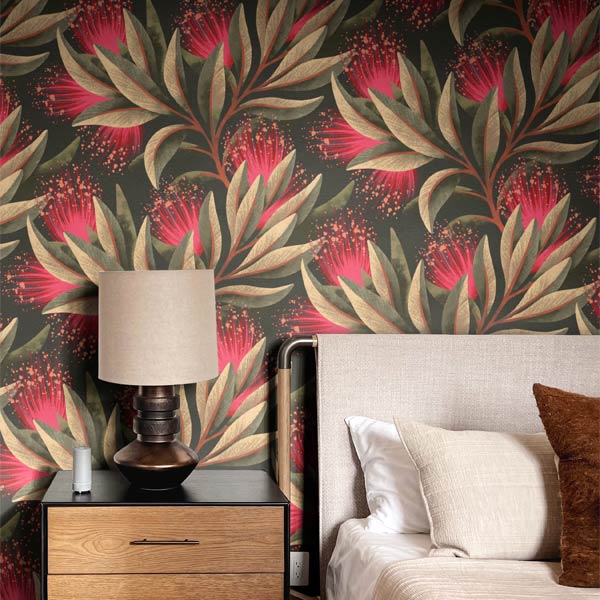 Pohutukawa floral red interior wallpaper by Andrea Muller