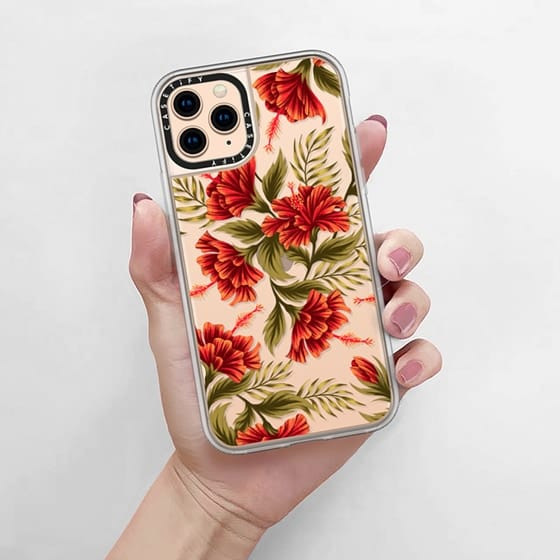 Red hibiscus floral pattern iphone case by Andrea Muller