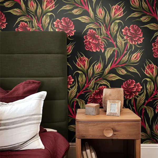 Red rose pattern romantic bedroom wallpaper by Andrea Muller