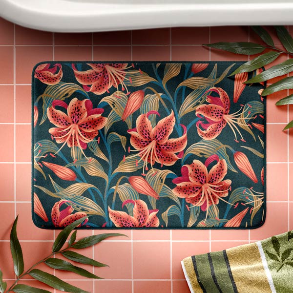 Tiger Lily floral pattern orange and green bath mat by Andrea Muller