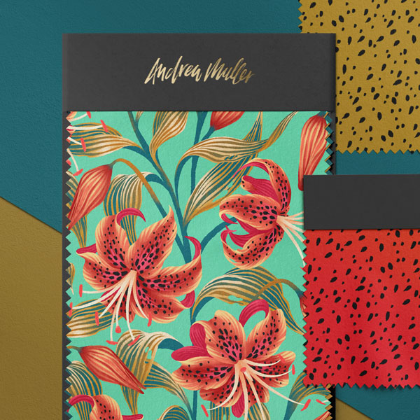 Orange Tiger Lily floral fabric collection by Andrea Muller