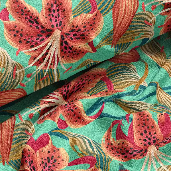 Illustrated Tiger Lily floral print mint green fabric by Andrea Muller