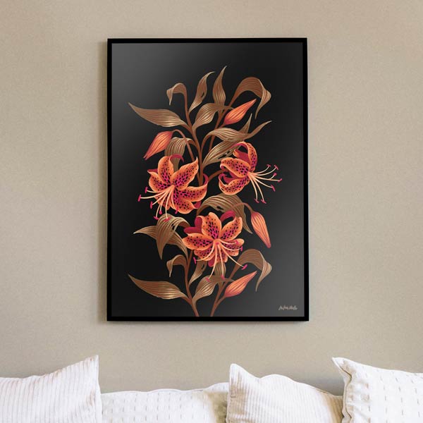 Tiger Lily orange and black wall artwork print by Andrea Muller