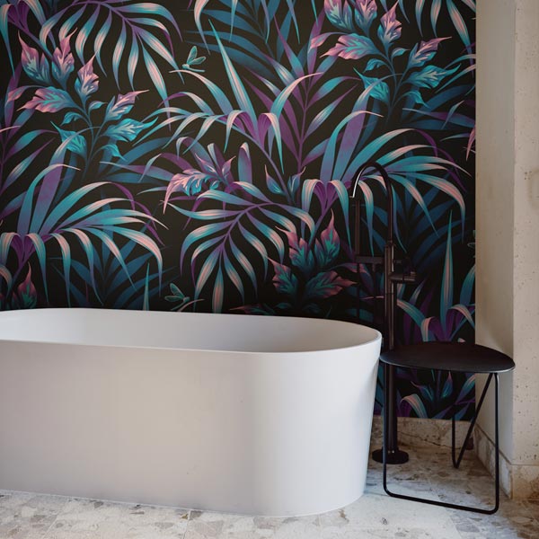Blue palm leaf pattern bathroom wallpaper by Andrea Muller