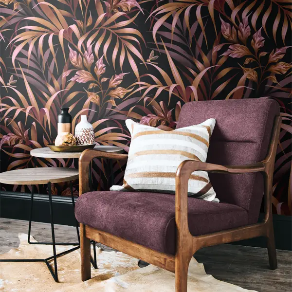 Tropical Garden burnt orange moody palm leaf pattern wallpaper by Andrea Muller