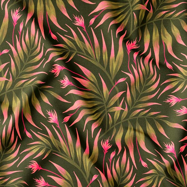 Tropical pink and green palm leaf patterned fabric by Andrea Muller