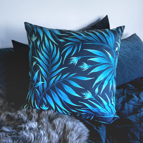 Tropical palm leaf pattern throw pillow by Andrea Muller