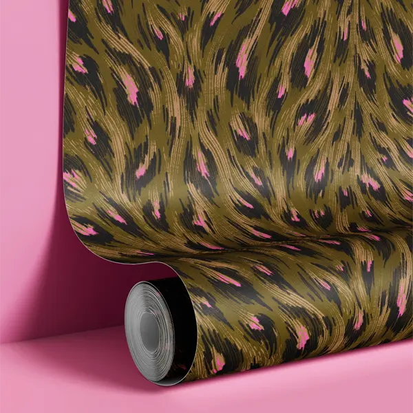 Olive green and pink hand drawn leopard print wallpaper by Andrea Muller