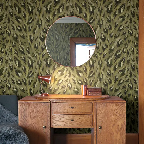 Olive green hand drawn leopard print bedroom wallpaper by Andrea Muller