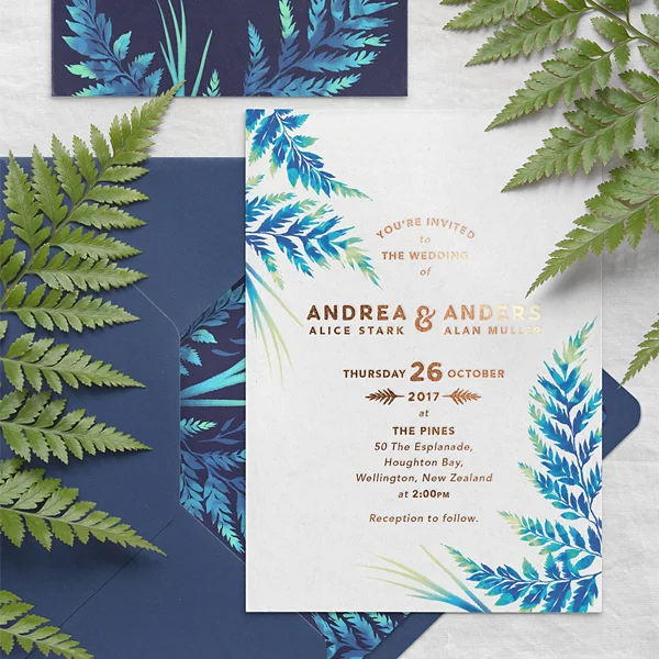 Blue watercolor fern leaf wedding invitation stationery template by Andrea Muller