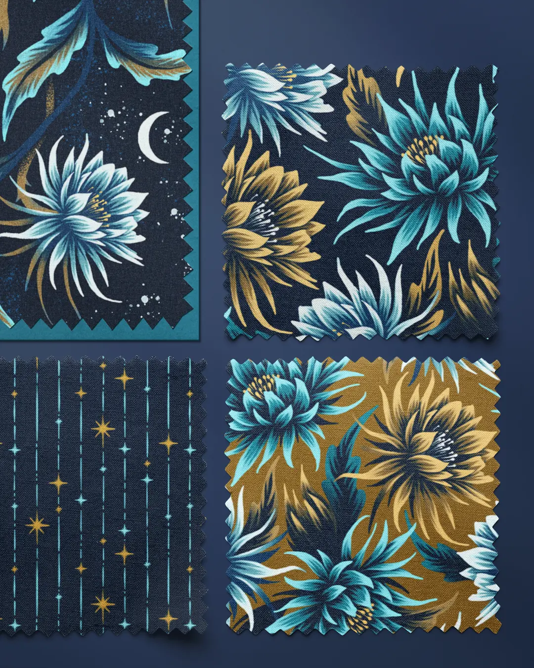 Epiphyllum Oxypetalum Queen of the Night navy floral fabric swatches by Andrea Muller