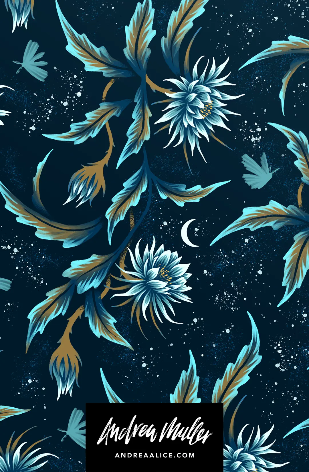 Celestial floral pattern with moths, moon and stars by Andrea Muller