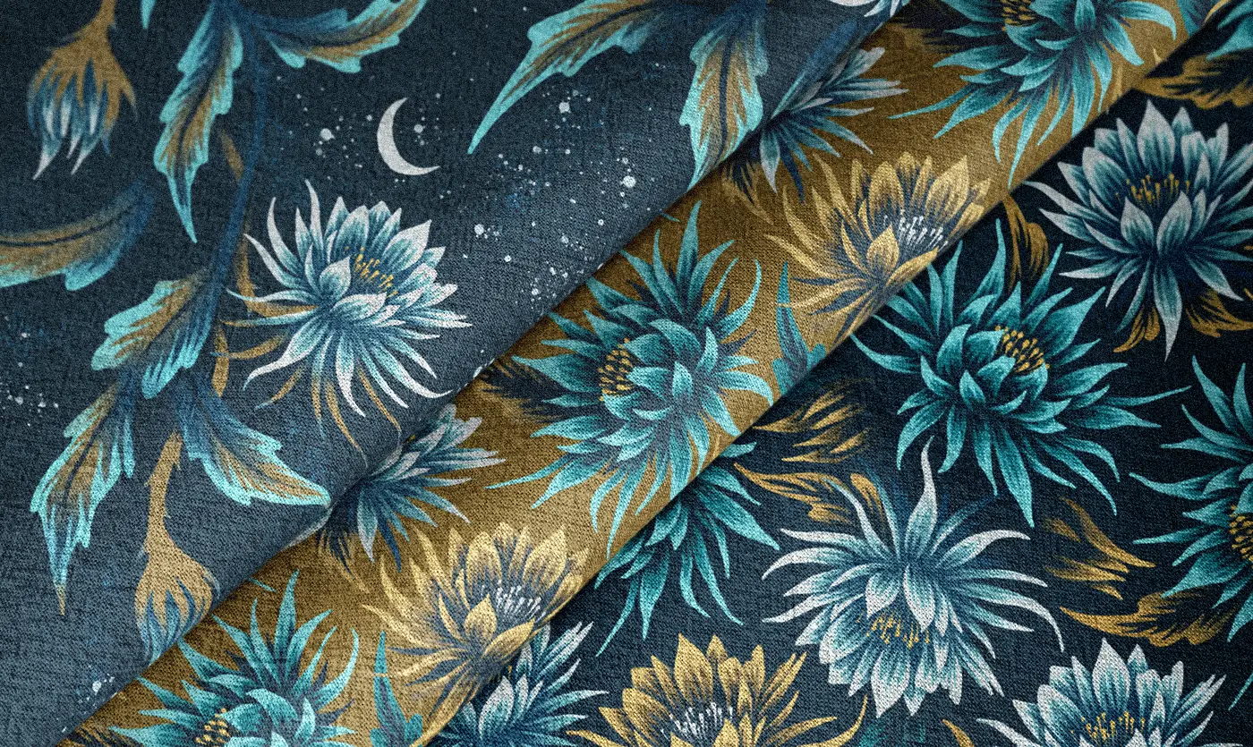 Queen of the Night three floral fabrics navy and mustard by Andrea Muller