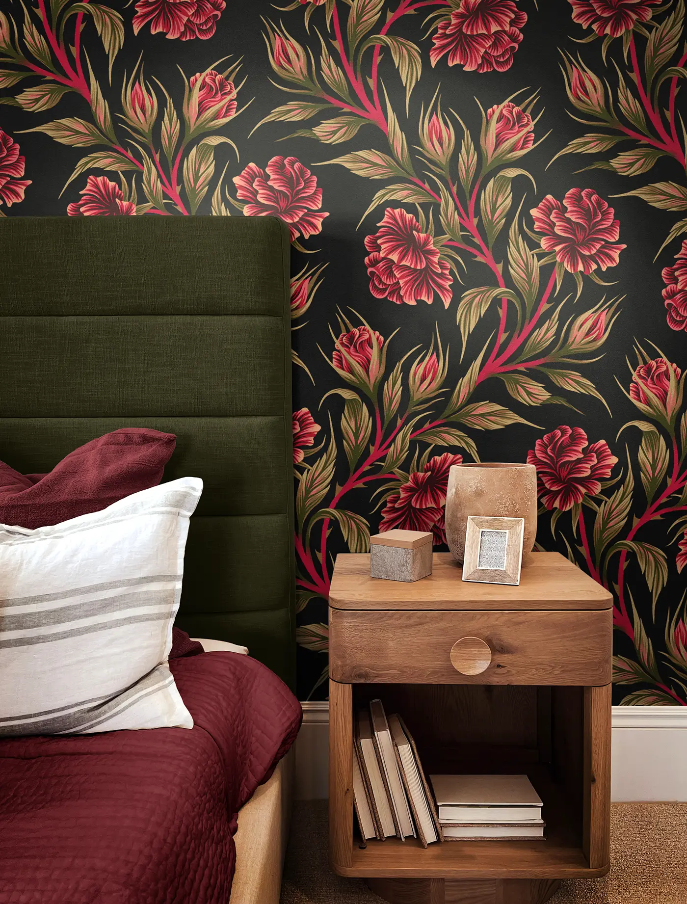 Red and green rose pattern bedroom wallpaper by Andrea Muller