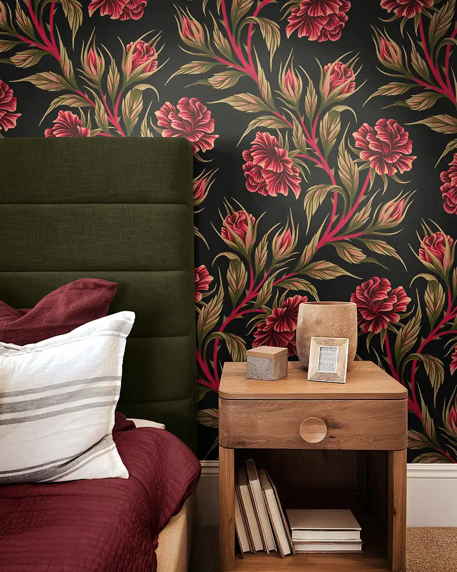 Red roses on black background bedroom wallpaper by Andrea Muller