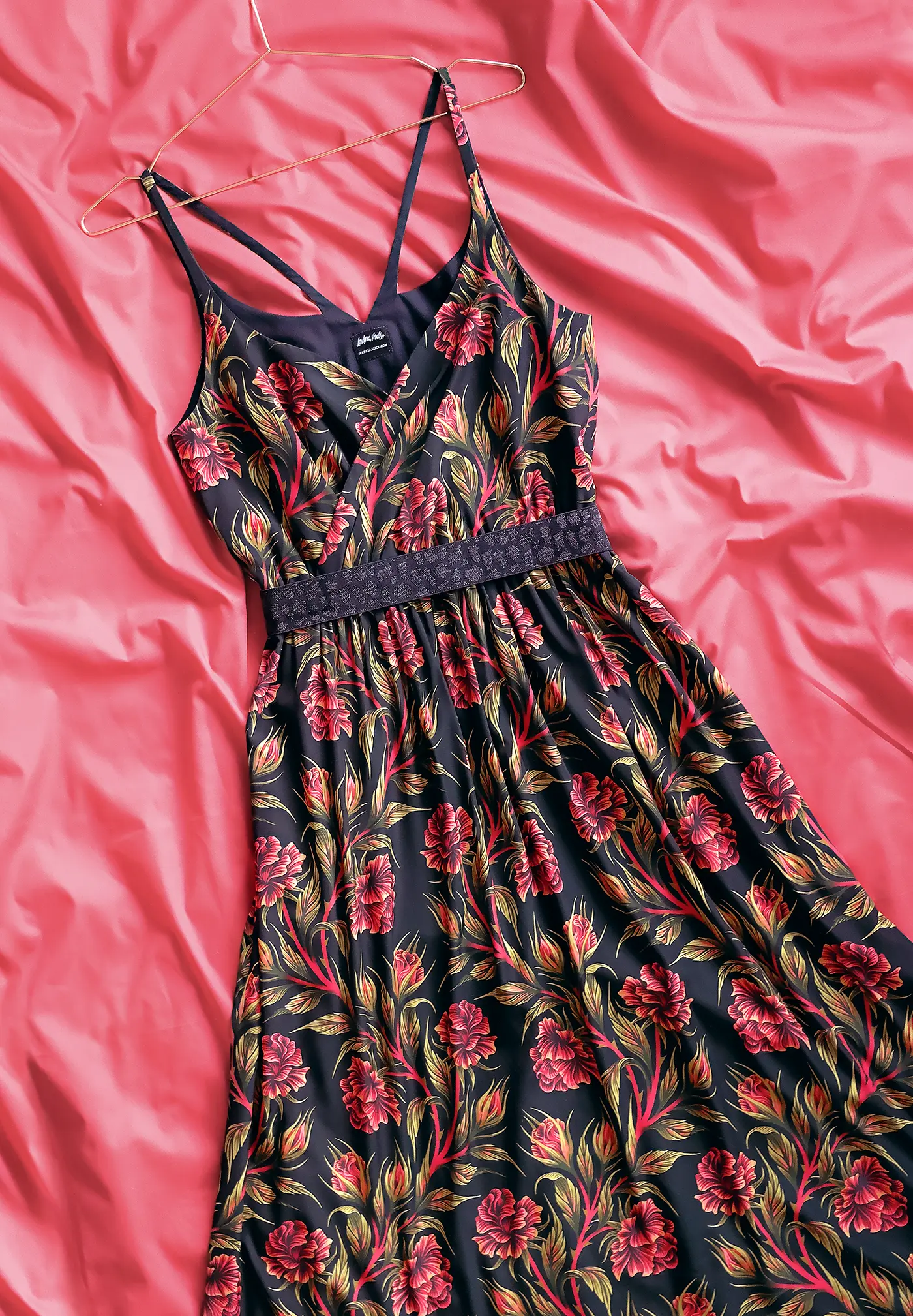 Red and green rose pattern fabric dress by Andrea Muller