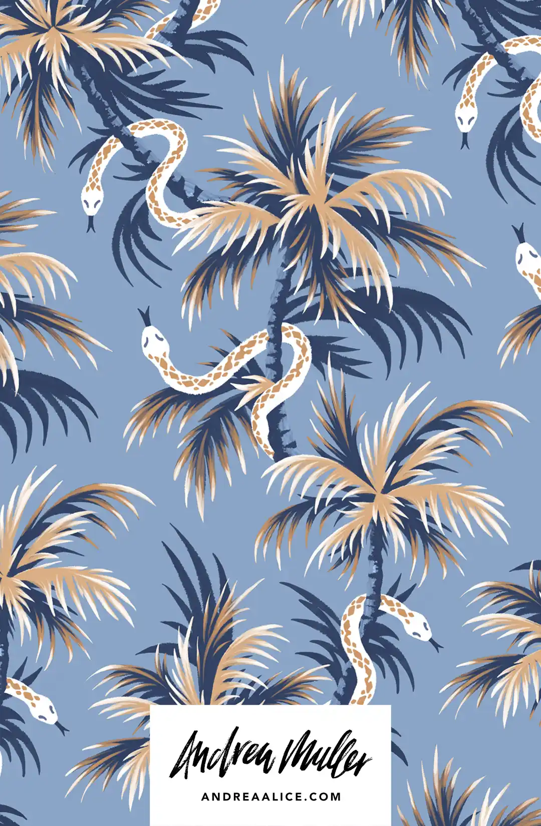 Tropical palm trees with snakes light blue and gold pattern illustration by Andrea Muller