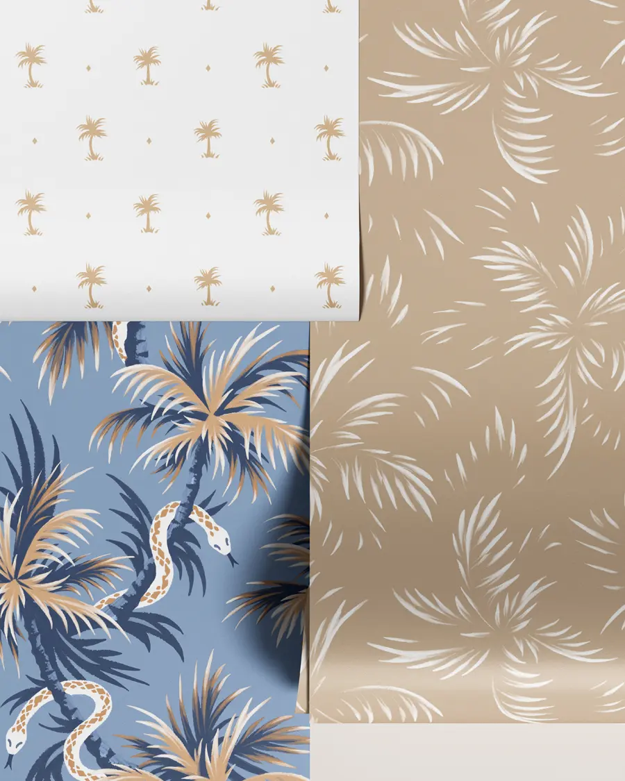 Tropical palm trees and snakes light blue wallpaper collection by Andrea Muller