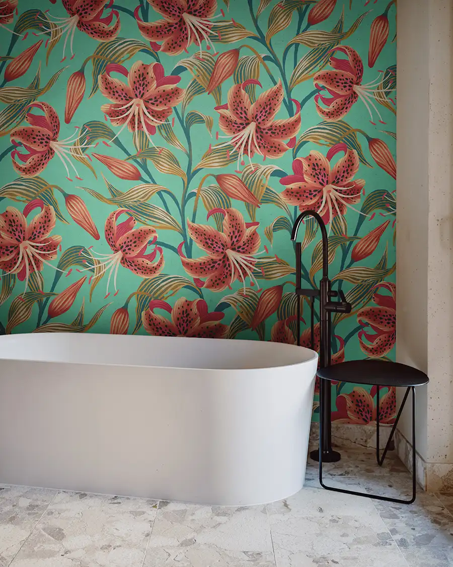 Orange Tiger Lily floral wallpaper on mint green background by Andrea Muller