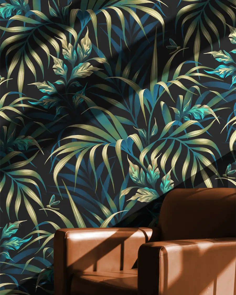 Green tropical rainforest palm leaf pattern interior wallpaper by Andrea Muller