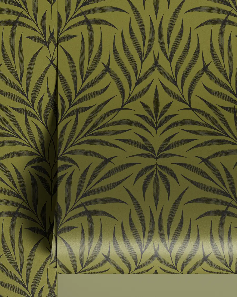 Classic vintage symmetrical tropical palm leaf green wallpaper by Andrea Muller