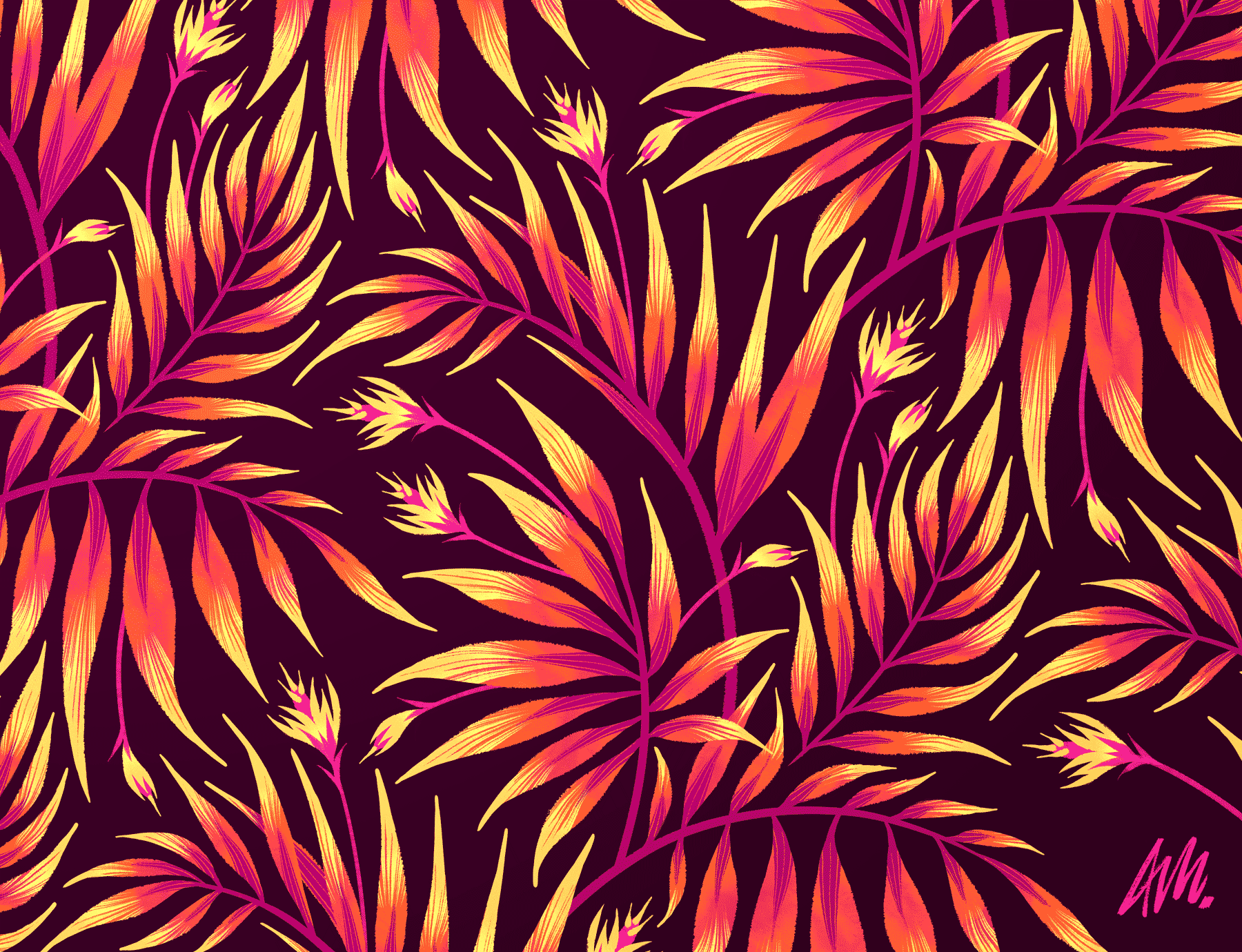 Tropical bright orange palm leaf pattern illustration by Andrea Muller