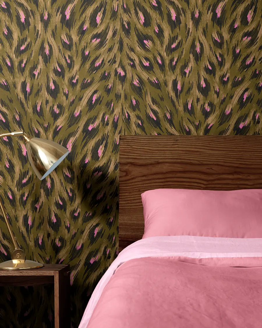 Dark olive green and bright pink hand painted animal print wallpaper by Andrea Muller