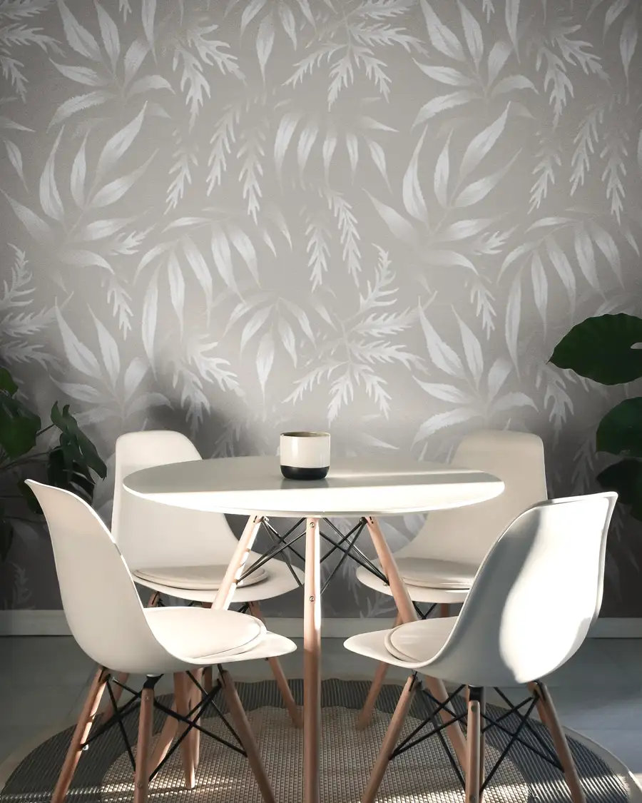 Hand painted fern and palm leaf foliage light grey wallpaper by Andrea Muller