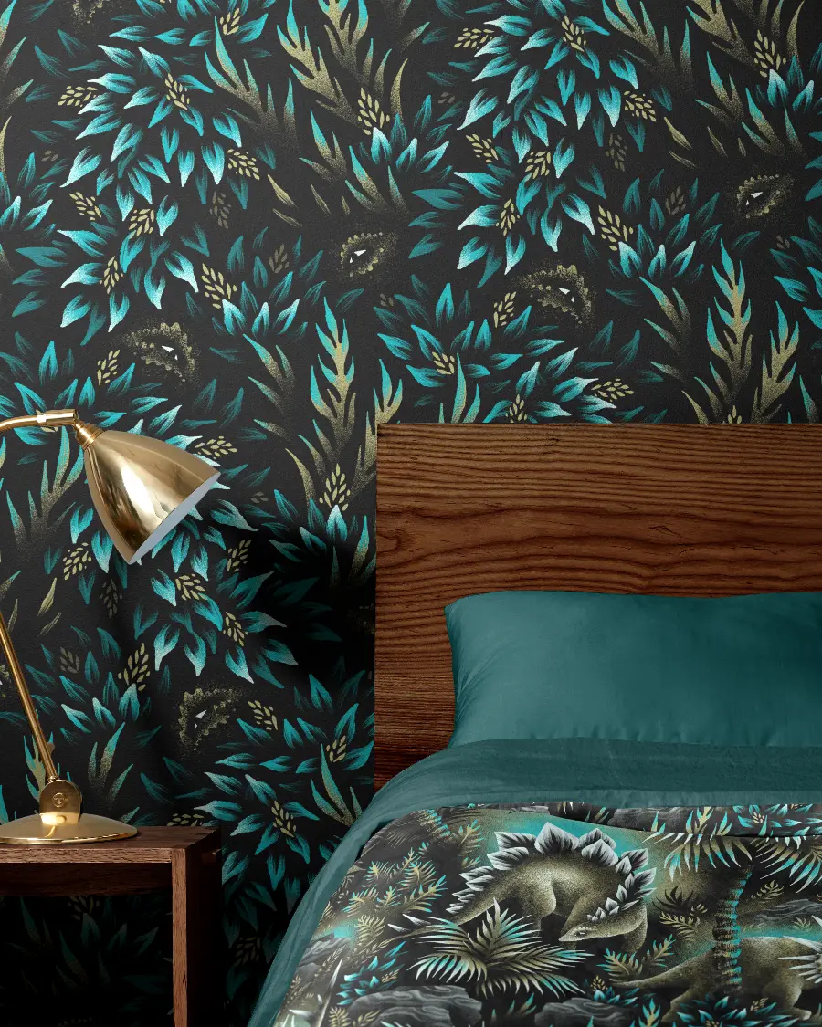 Dark leafy foliage wallpaper with dinosaurs hiding within by Andrea Muller