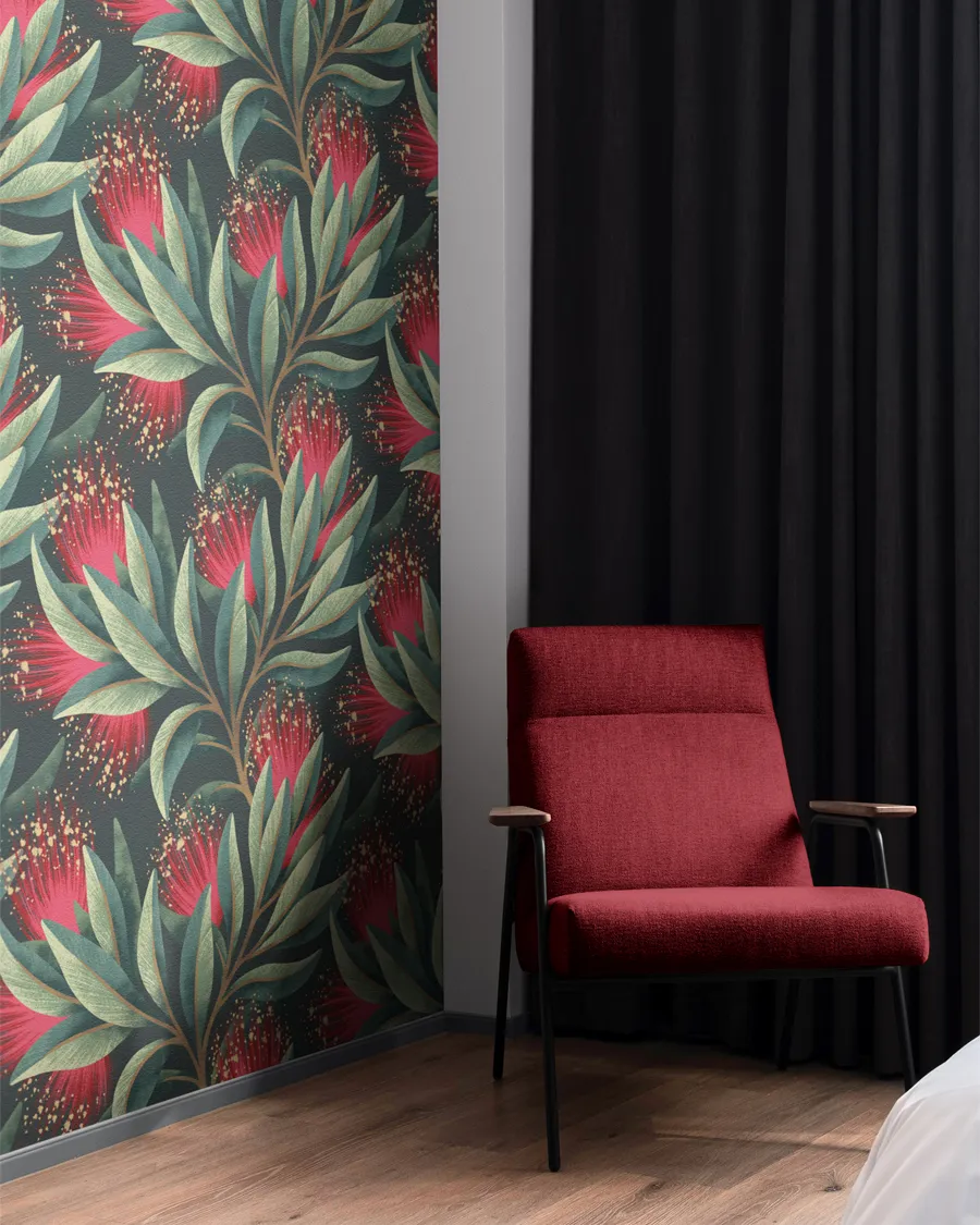 Red and green Pohutukawa floral interior wallpaper by Andrea Muller