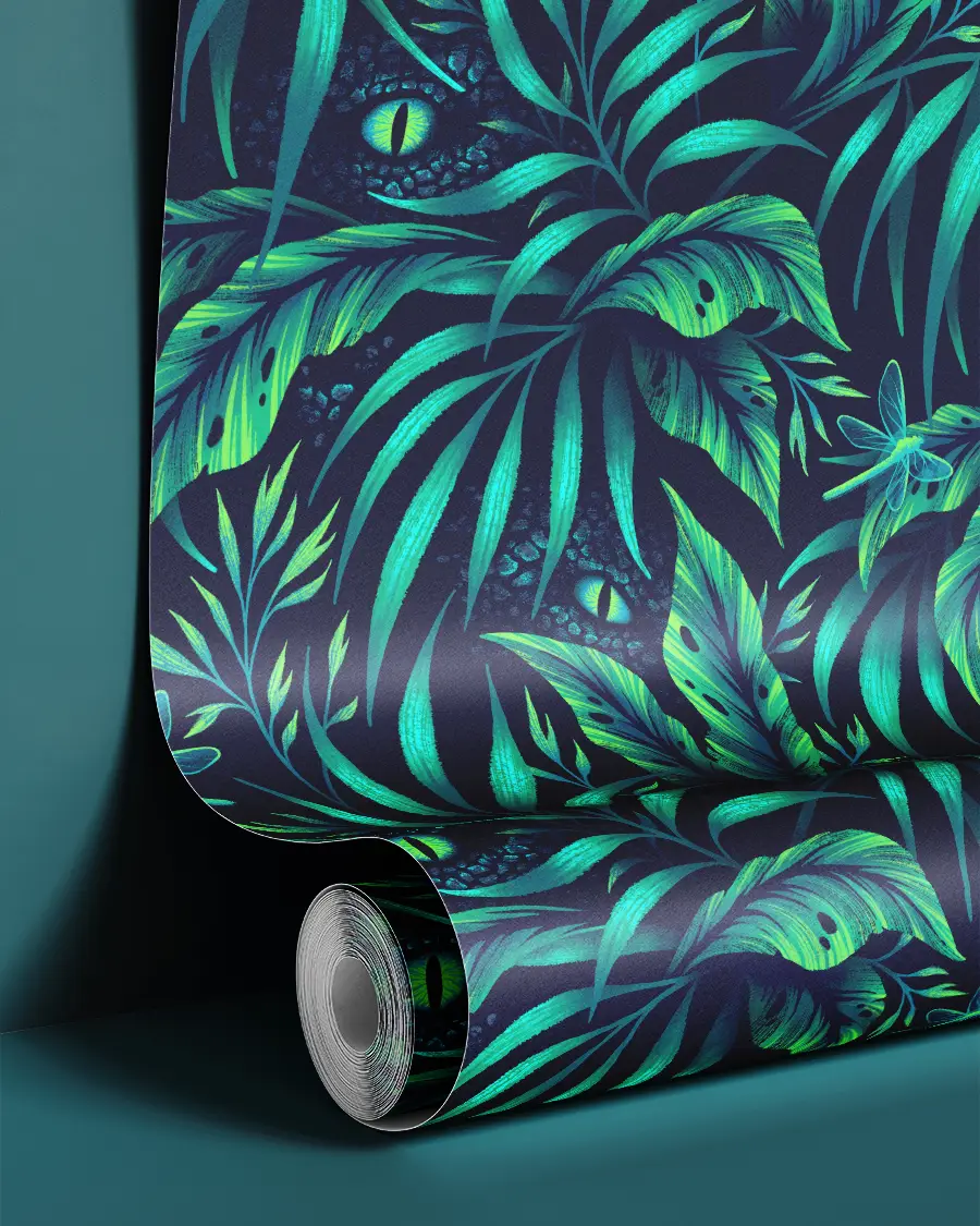 Green tropical foliage wallpaper with velociraptor eyes by Andrea Muller